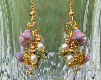 Golden Wire Wrapped Earrings- Czech Glass Flower Earrings- Purple & Gold Earrings- Rustic Wedding Jewelry- Bridesmaid Earrings- Prom