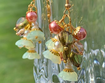 Wire Wrapped Earrings- Czech Glass Flower Earrings- Pink, Ivory & Green Earrings- Rustic Wedding Earrings- Bridesmaid Jewelry