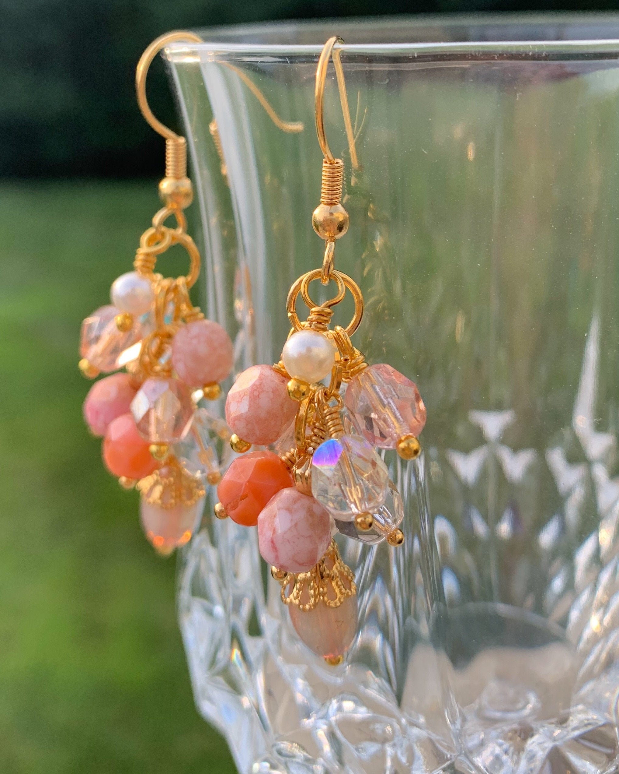 Wire Wrapped Earrings Czech Glass Flower Earrings Pink & Etsy