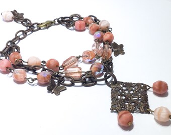 Brass Filigree Bracelet – Vintage Style Peach Czech Glass Bracelet