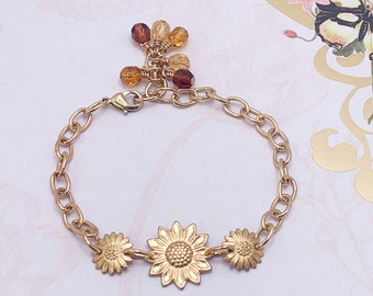 Golden Sunflower Bracelet-Sunflower Jewelry For Women-Brass Chain Bracelet-Adjustable Bracelet-Wire Wrapped Beaded Bracelet