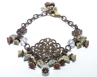 Brass Filigree & Flower Vintage Style Bracelet- Chain Bracelet- Adjustable Bracelet- Wire Wrapped Bracelet- Crystal Bracelet