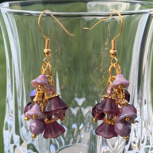 Wire Wrapped Earrings- Czech Glass Flower Earrings- Purple & Gold Earrings- Rustic Wedding Jewelry- Bridesmaid Earrings- Prom