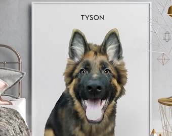 May include: A digital painting of a German Shepherd dog with brown and black fur. The dog is looking at the camera with its mouth open and tongue out. The dog's name, "TYSON", is written in black text at the top of the image.