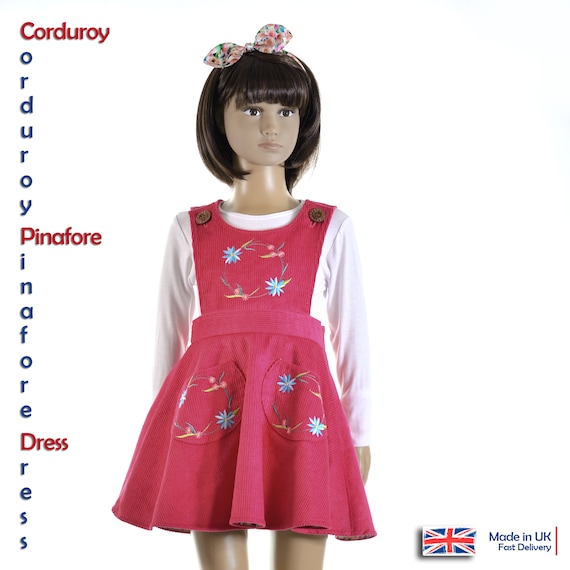 Corduroy Pinafore Embroidered Dress 4 6 Yrs Raspberry pinkish red Colour. Made in UK. Etsy