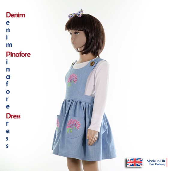 Embroidered Denim Pinafore Dress, Girls, Light Blue. U-neck. Made in UK. -  Etsy Canada