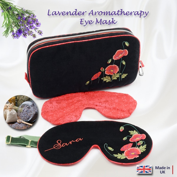 Personalised Embroidered Aromatherapy Lavender Eye Mask - Free Beauty Pouch. Made in UK
