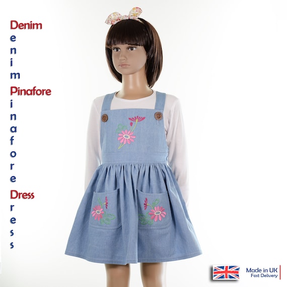 Embroidered Denim Pinafore Dress Girls Light Blue. Square neck. Made in UK. Etsy