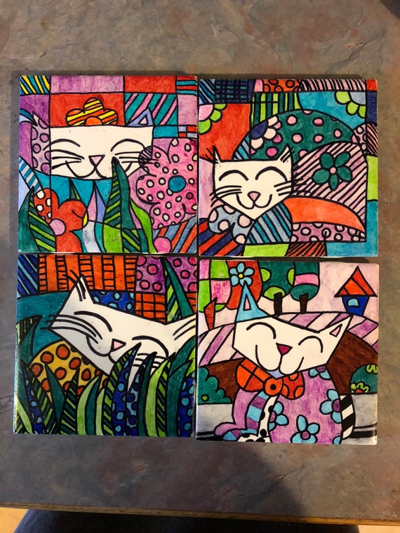 Handpainted Tile Coaster Set Colorful Cat