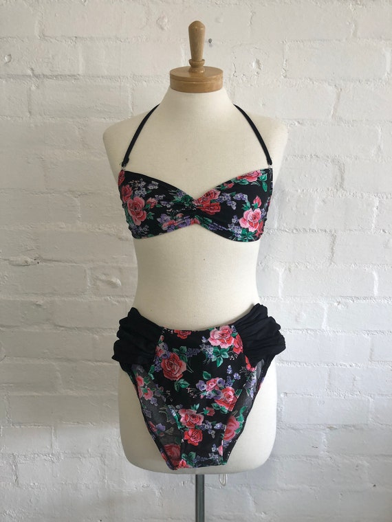 Vintage 80's Bandeau Black Floral High Waist Bikin