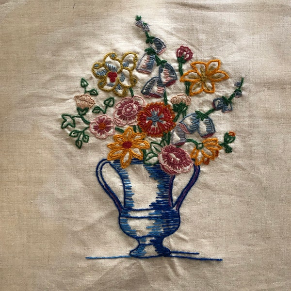 Hand embroidered  wall hanging, Flowers in a vase,  Wool thread on a linen .Size 14x17 inches.