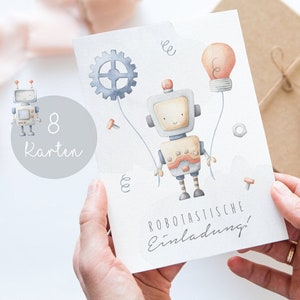 Einladungskarten Kindergeburtstag Einladung Geburtstag Junge Jungs Roboter Geburtstagseinladung Geburtstagsfeier Mottoparty A6 PDF Grau Blau