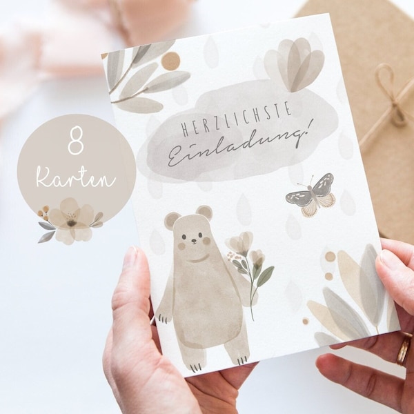 Invitation Cards Children's Birthday Invitation Birthday Girl Boy Boho Forest Animals Flowers Birthday Invitation Birthday Party A6 PDF Bear