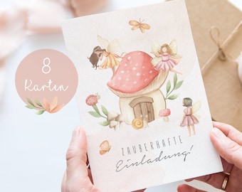 Invitation Cards Children's Birthday Invitation Birthday Girl Fairies Pink Flowers Birthday Invitation Birthday Party A6 PDF Elf Fairy Party