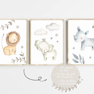 Wandbilder Kinderzimmer Poster 3er Set Babyzimmer Tiere Safari Elefant Jungen Nursery Print Wall Art Kunstdruck Wanddeko A4 A3 PDF Löwe