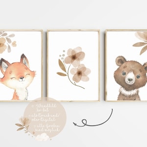 Wandbilder Kinderzimmer Poster 3er Set Babyzimmer Boho Waldtiere Poster Mädchen Jungen Nursery Art Kunstdruck Wanddeko A4 A3 PDF Bär Fuchs