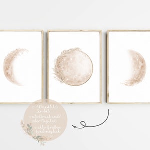 Moon phases wall picture poster set of 3 art print boho living room bedroom pictures wall decoration wall decoration digital download PDF Pampas