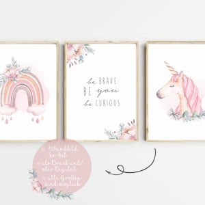 Murals Children's Room Poster Set of 3 Baby Room Rainbow Poster Girls Nursery Art Print Wall Decoration A3 PDF Pink Unicorn Cloud