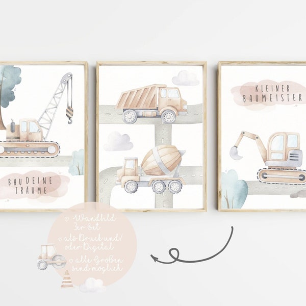 Wandbilder Kinderzimmer Poster 3er Set Babyzimmer Bagger Baustelle Jungen Nursery Print Wall Art Kunstdruck Wanddeko A4 A3 PDF Kipper Boho