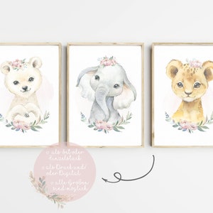 Murals Children's Room Poster Set of 3 Pictures Baby Room Decoration Safari Animals Girls Pink Nursery Wall Art Art Print Wall Decoration Baby A3 A4 PDF