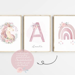 Wall Pictures Nursery Personalized Name Letter Baby Room Unicorn Rainbow Pink Girl Nursery Art Art Print Deco A4 A3 PDF Boho