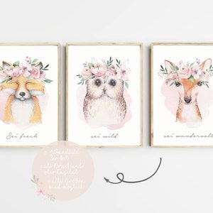 Wandbilder Kinderzimmer Poster 3er Set Bilder Babyzimmer Deko Waldtiere Mädchen Rosa Nursery Wall Art Kunstdruck Wanddeko Baby A4 A3 PDF