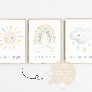 Murals Children's Room Poster Set of 3 Baby Room Rainbow Poster Boys Nursery Art Print Wall Decoration A4 A3 PDF Sun Cloud