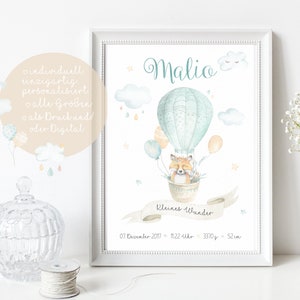 Geburtsanzeige Geburtsdaten Poster Personalisiert Geburt Geschenk Geburtsgeschenk Baby Junge Kunstdruck mit Namen A4 A3 Heißluftballon Mint