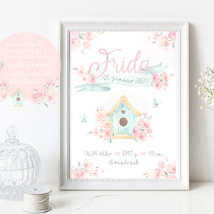 Geburtsanzeige Geburtsdaten Poster Personalisiert Geburt Geschenk Geburtsgeschenk Baby Mädchen Kunstdruck mit Namen A4 A3 PDF ROSA Blume