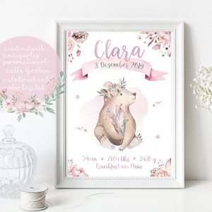 Geburtsanzeige Geburtsdaten Poster Personalisiert Geburt Geschenk Geburtsgeschenk Baby Mädchen Kunstdruck mit Namen A4 A3 PDF ROSA Bär Blume