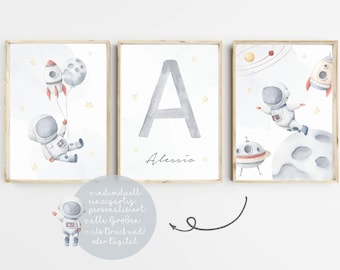 Wall pictures children's room poster set of 3 letters baby room astronaut personalized poster space planet rocket boy wall decoration A4 A3 PDF