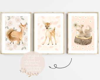 Wall art for children's rooms, posters, set of 3, baby room, boho woodland animals, deer poster, girls' nursery art, art print, wall decoration, A4 A3 PDF, pink flowers