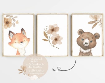 Wall pictures children's room poster set of 3 baby room boho forest animals poster girls boys nursery art art print wall decoration A4 A3 PDF bear fox
