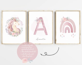 Cuadros de pared Habitación de los niños Póster Juego de 3 letras Habitación del bebé Unicornio Arco iris Rosa Niña Guardería Arte Impresión Decoración de la pared A4 A3 PDF Boho