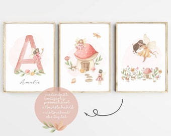 Wandbilder Kinderzimmer Poster 3er Set Buchstaben Babyzimmer Poster Mädchen Feen Fairy Elfe Wald Nursery Art Kunstdruck Wanddeko A4 A3 PDF