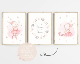 Wandbilder Kinderzimmer Poster Set Babyzimmer Ballerina Poster Mädchen Nursery Print Kunstdruck Wanddeko A4 A3 PDF Rosa Ballett Hase Blumen