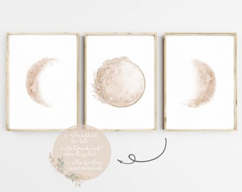 Póster de pared con fases lunares, juego de 3 impresiones artísticas, estilo bohemio, para sala de estar, dormitorio, decoración de pared, tamaño A4, A3, PDF, Pampas