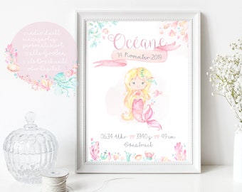 Anuncio de nacimiento Fechas de nacimiento Cartel Regalo de nacimiento personalizado Regalo de nacimiento Niña Impresión de arte con nombre A4 A3 Sirena ROSA