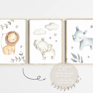 Wall pictures children&#39;s room poster set of 3 baby room animals safari elephant nursery print wall art art print wall decoration digital download PDF lion