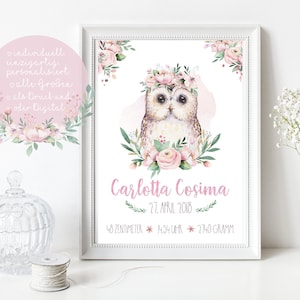 Geburtsanzeige Geburtsdaten Poster Personalisiert Geburt Geschenk Geburtsgeschenk Baby Mädchen Kunstdruck mit Namen Tier A4 A3 PDF ROSA Eule