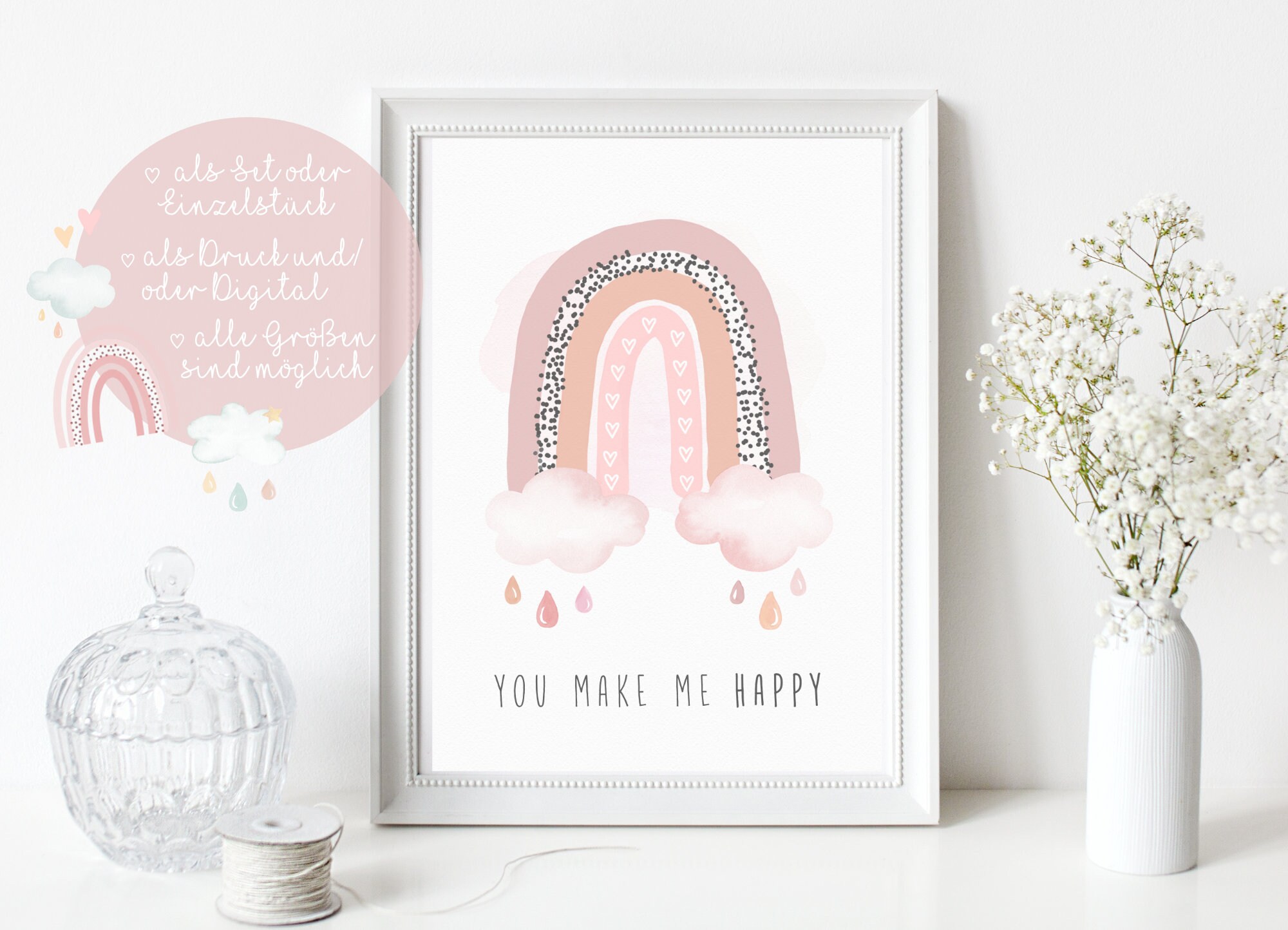 Lemmami Papeterie 3er Set Wandbilder DIN A4 - Einhorn Regenbogen Babyzimmer Deko