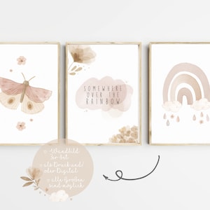 Cuadros de pared para habitación infantil, juego de 3 unidades, habitación de bebé, bohemio, arcoíris, niña, guardería, impresión artística, decoración de pared, póster digital, PDF, beige