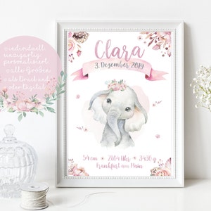 Birth Announcement Birth Dates Poster Personalized Birth Gift Baby Girl Art Print Named A4 A3 PDF PINK Elephant