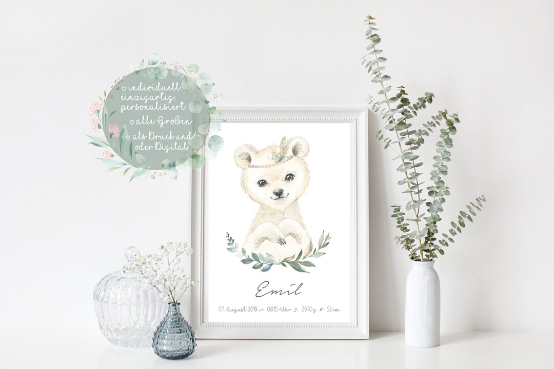 Personalisiertes Geburtsbild A4 – Mit Namen, Datum, Uhrzeit & Gewicht, Individueller Kunstdruck Als Baby-Geschenk, Junge Oder Mädchen