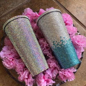 Bling Tumbler Custom 32oz Rhinestone Tumbler Flat Top Cup with Straw