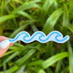 May include: A blue wave sticker with a swirl pattern. The sticker is on a white background and is being held by a hand.