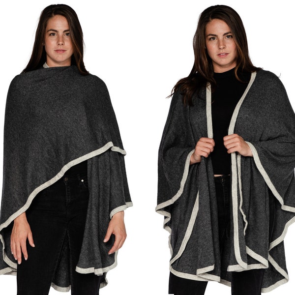 Anthrazitfarbener weicher Himalaya Woll Umhang Poncho, lange Reise Schals, warme Strickjacke, Strickschals & Wraps