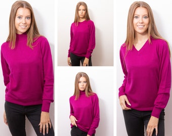 Hot Pink Fuchsia Himalayan Soft Wool Jumper, Warm Comfy Winter Woolen Sweaters, Available in V-Neck, Crewneck, High Neck & Turtleneck Styles