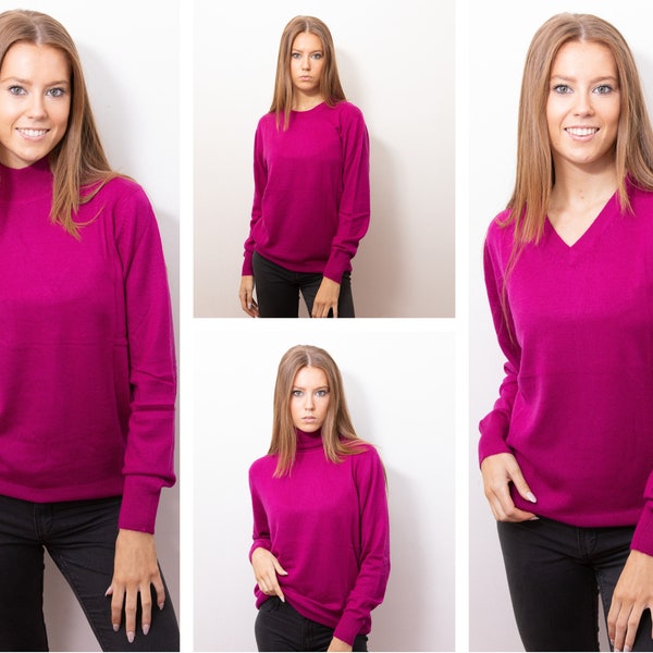 Hot Pink Fuchsia Himalayan Soft Wool Jumper, Warm Comfy Winter Woolen Sweaters, Available in V-Neck, Crewneck, High Neck & Turtleneck Styles