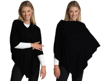 Black Himalayan Soft Woolen Poncho, V Neck & Side Neck Styled Unisex Ponchos, Winter Pullover, Travel Wrap, Warm Knitting Meditation Wear